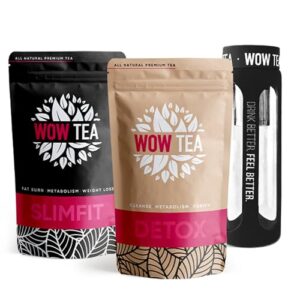 WOW TEA Еntgiftungskur Tee Set: Detox Tee | Premium Tee Set zum Abnehmen | Bester Gewichtsverlust und Detox-Grüner Tees Bio + Infuser Teeflasche | 300g, Made in EU